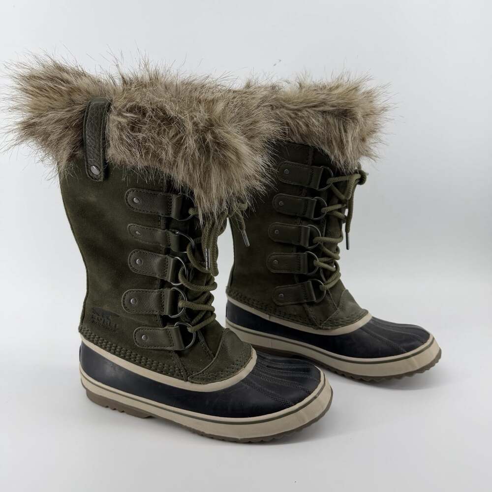 Sorel Joan Of Ark Tall Nori Green Faux Fur Winter Boots Womans Sz 9 Waterproof